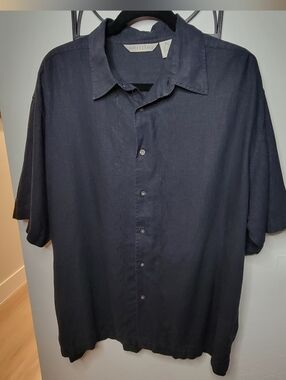 Vtg 90s Monte Carlo Navy Blue Mens Camp Resort Casual Beach Linen Shirt Size XL
